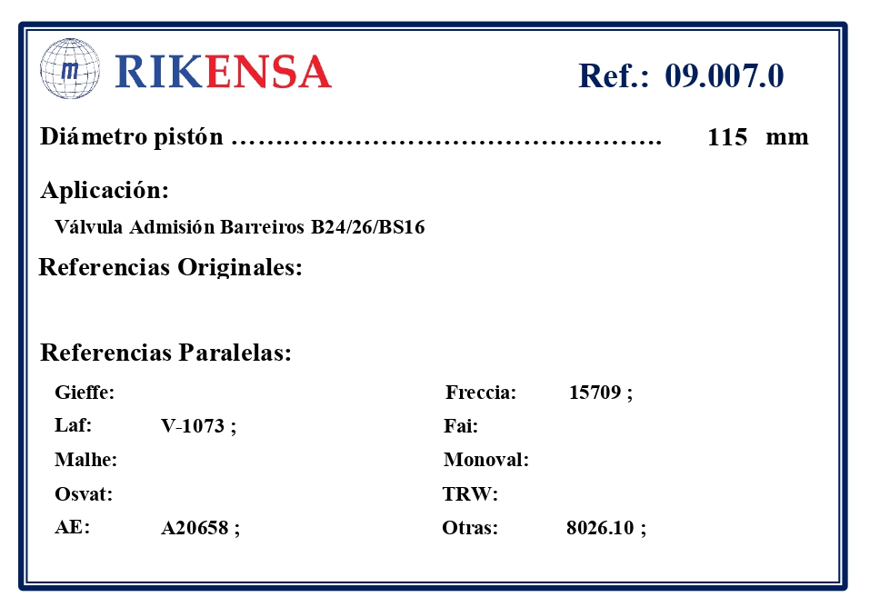 EQUIVALENCIAS ORIGINALES Y PARALELAS VALVULAS