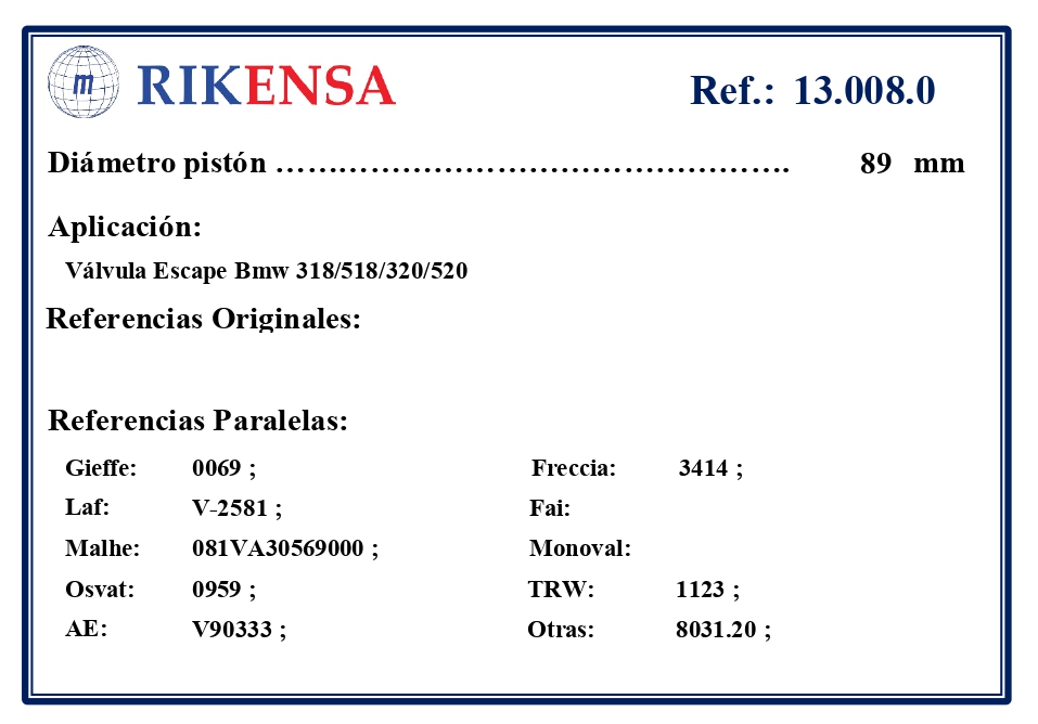 EQUIVALENCIAS ORIGINALES Y PARALELAS VALVULAS