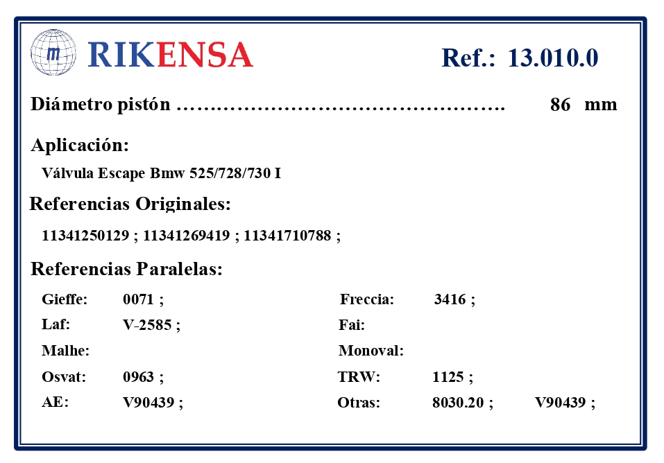 EQUIVALENCIAS ORIGINALES Y PARALELAS VALVULAS