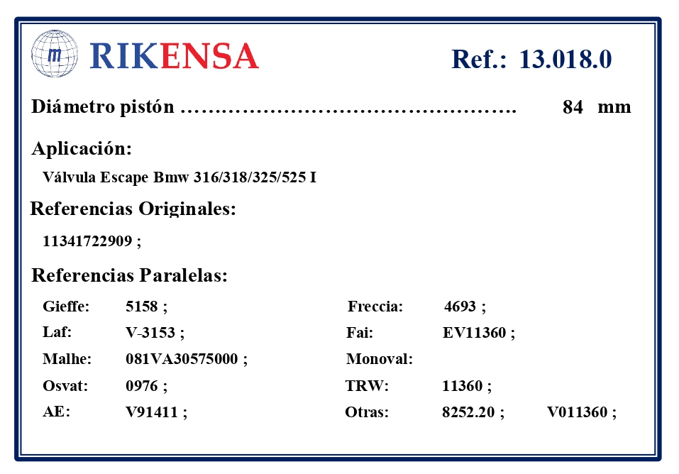 EQUIVALENCIAS ORIGINALES Y PARALELAS VALVULAS