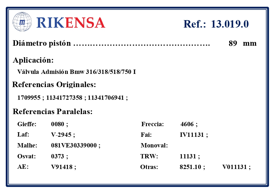 EQUIVALENCIAS ORIGINALES Y PARALELAS VALVULAS