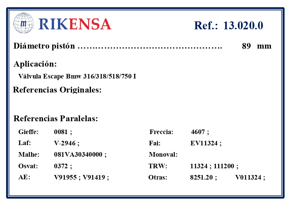 EQUIVALENCIAS ORIGINALES Y PARALELAS VALVULAS