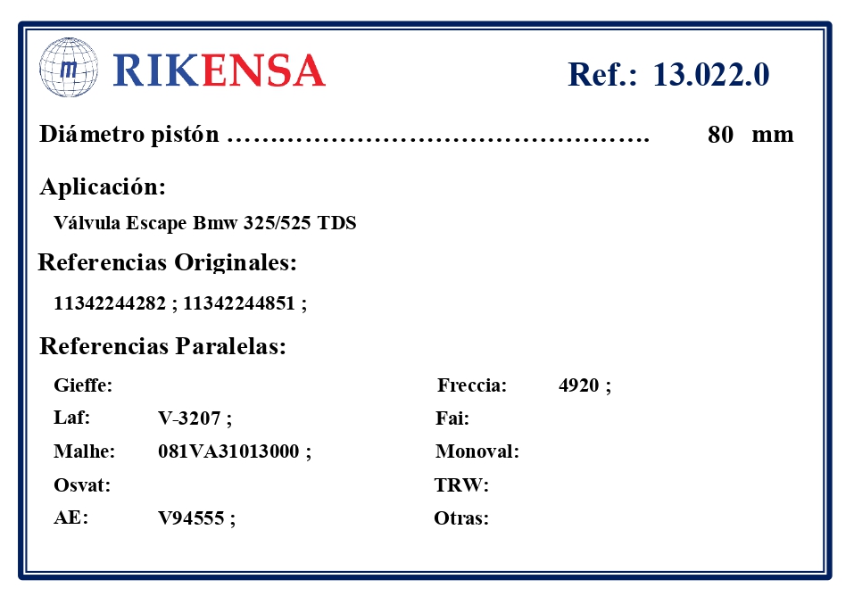 EQUIVALENCIAS ORIGINALES Y PARALELAS VALVULAS