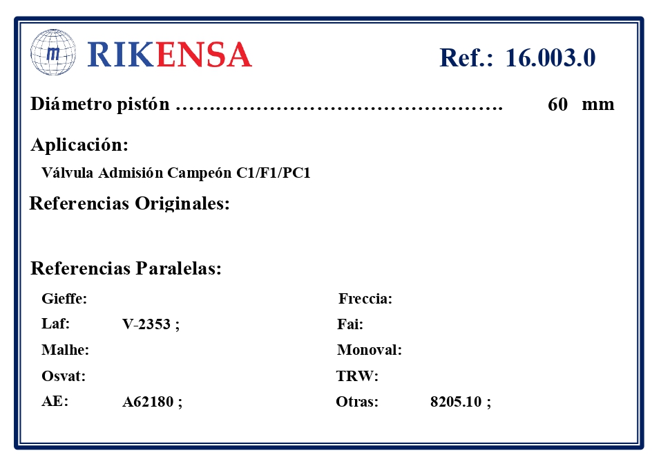 EQUIVALENCIAS ORIGINALES Y PARALELAS VALVULAS