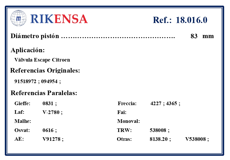EQUIVALENCIAS ORIGINALES Y PARALELAS VALVULAS