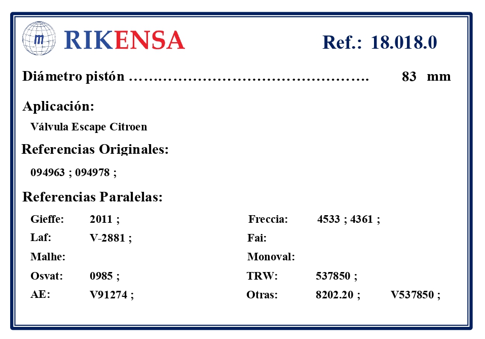 EQUIVALENCIAS ORIGINALES Y PARALELAS VALVULAS