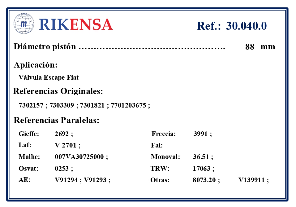 EQUIVALENCIAS ORIGINALES Y PARALELAS VALVULAS