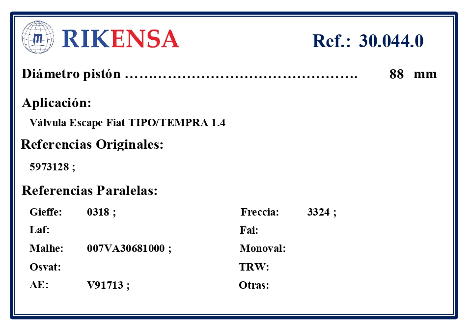 EQUIVALENCIAS ORIGINALES Y PARALELAS VALVULAS