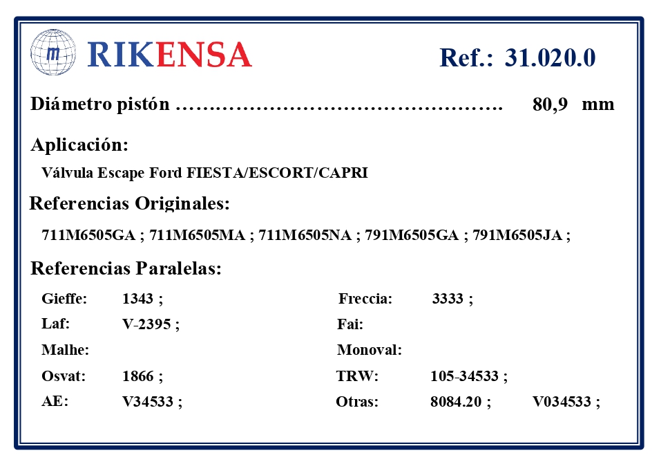 EQUIVALENCIAS ORIGINALES Y PARALELAS VALVULAS