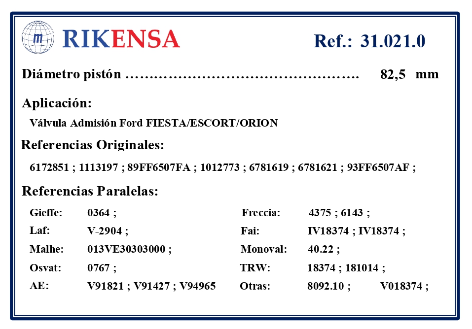EQUIVALENCIAS ORIGINALES Y PARALELAS VALVULAS