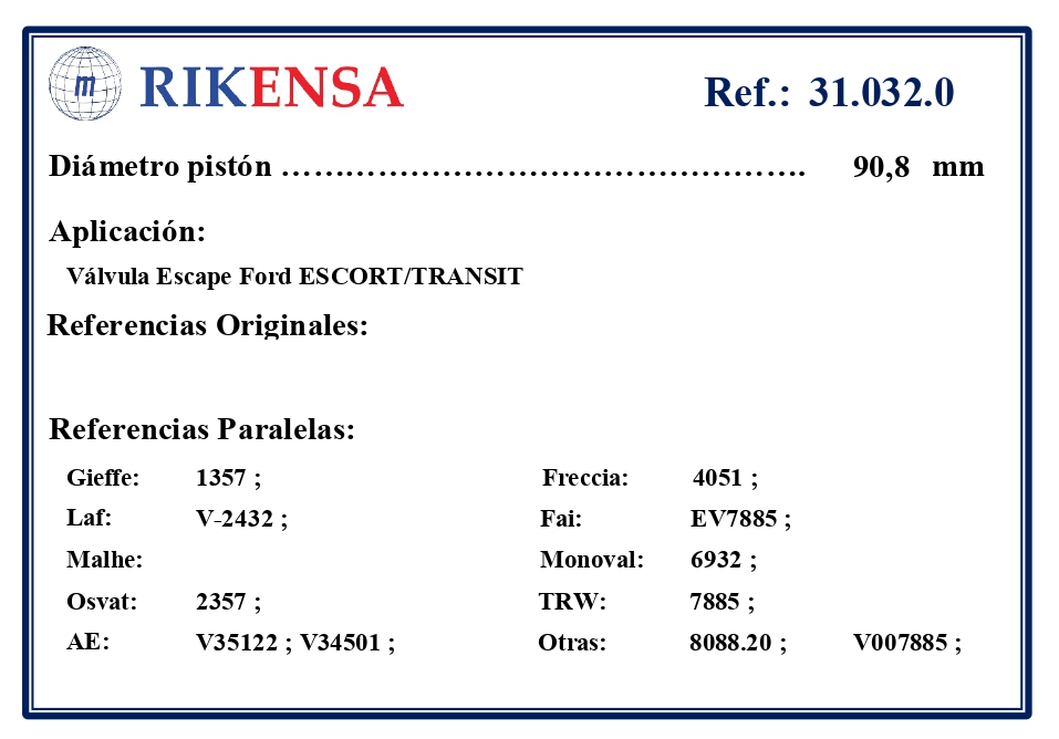 EQUIVALENCIAS ORIGINALES Y PARALELAS VALVULAS