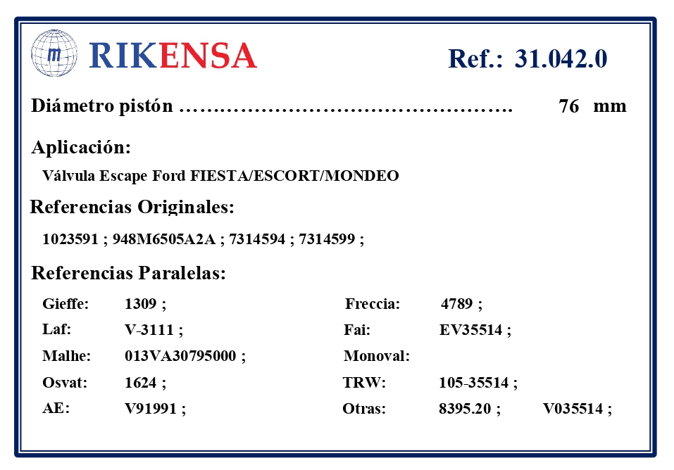 EQUIVALENCIAS ORIGINALES Y PARALELAS VALVULAS