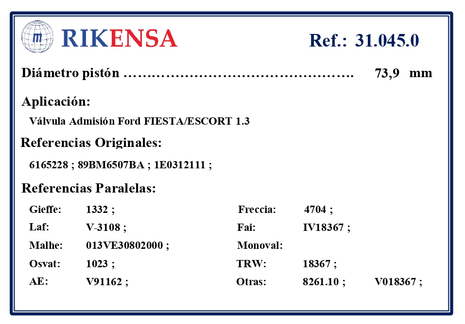 EQUIVALENCIAS ORIGINALES Y PARALELAS VALVULAS