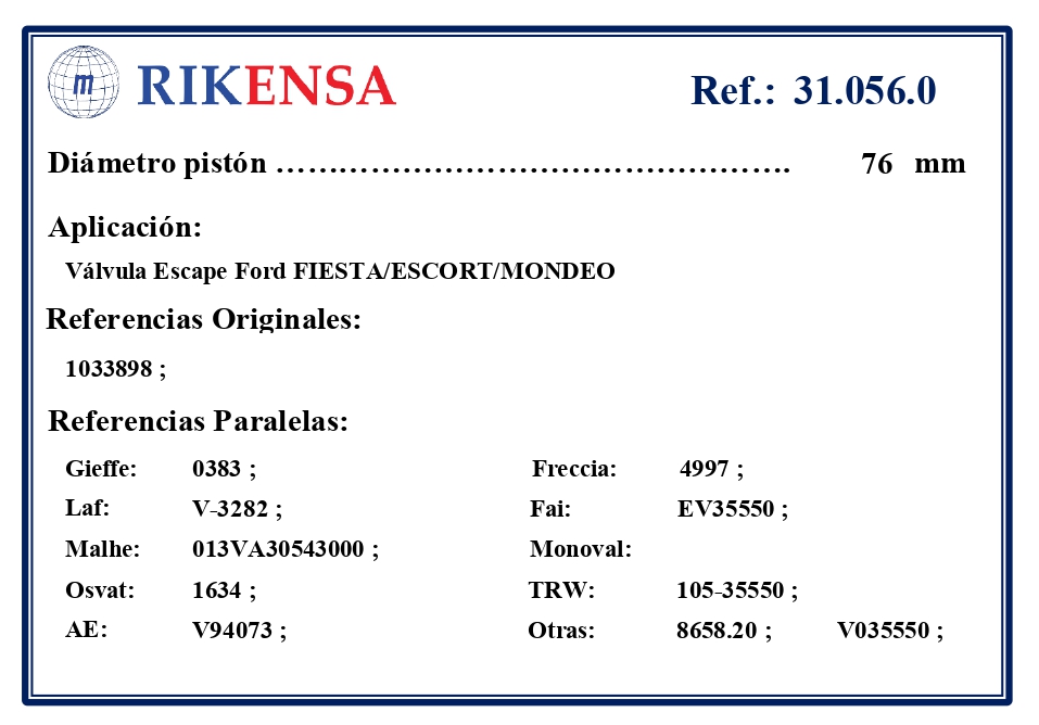 EQUIVALENCIAS ORIGINALES Y PARALELAS VALVULAS