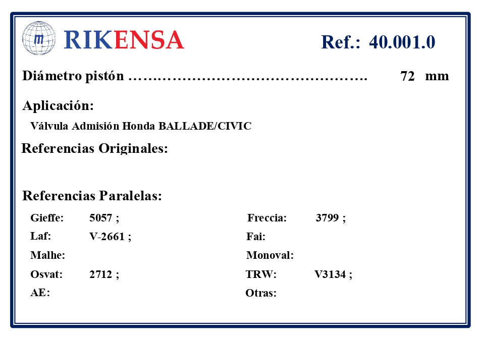 EQUIVALENCIAS ORIGINALES Y PARALELAS VALVULAS