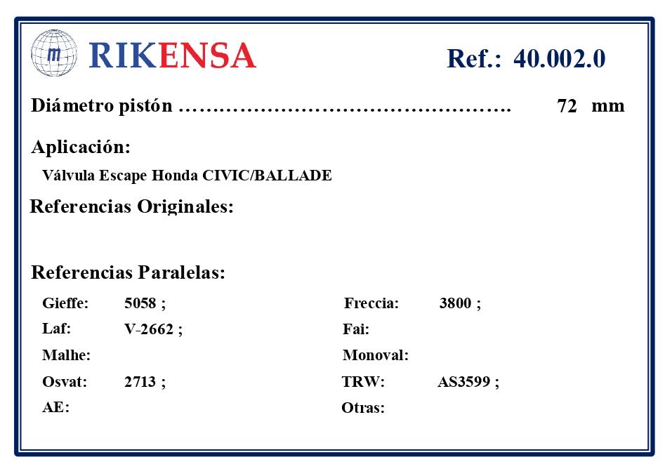 EQUIVALENCIAS ORIGINALES Y PARALELAS VALVULAS