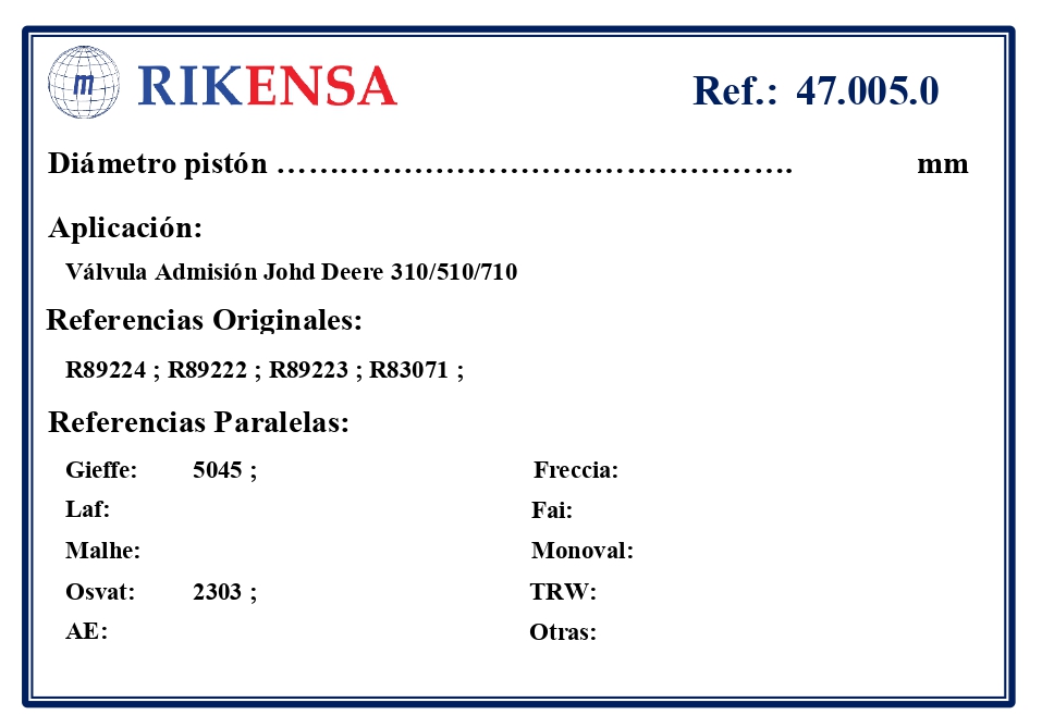 EQUIVALENCIAS ORIGINALES Y PARALELAS VALVULAS