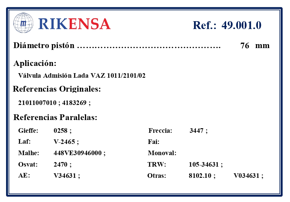 EQUIVALENCIAS ORIGINALES Y PARALELAS VALVULAS