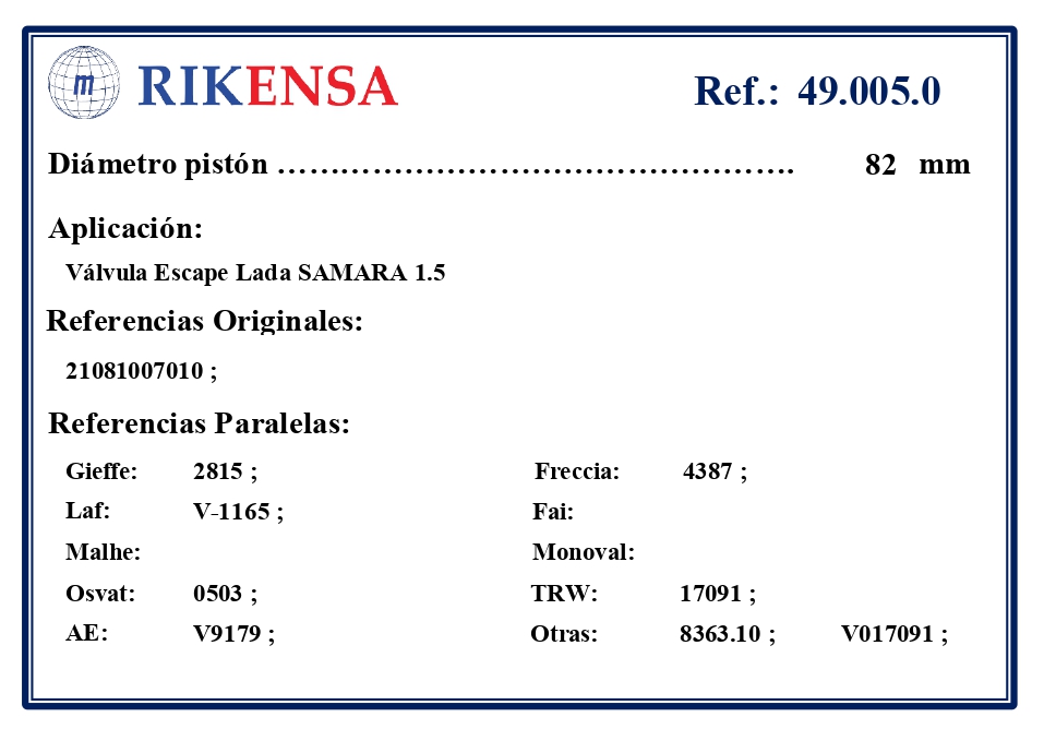 EQUIVALENCIAS ORIGINALES Y PARALELAS VALVULAS