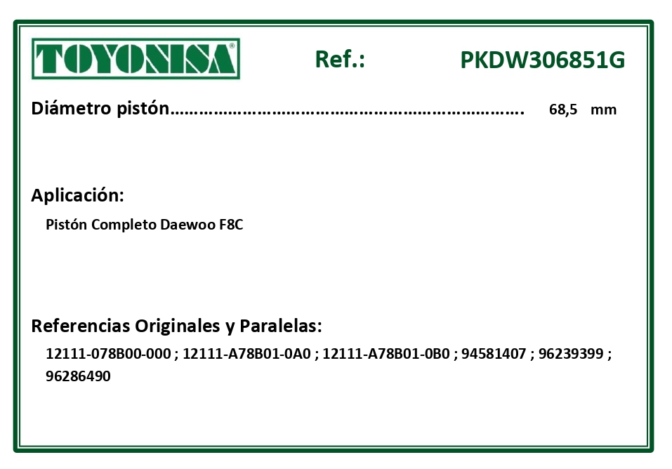 EQUIVALENCIAS ORIGINALES Y PARALELAS PISTONES