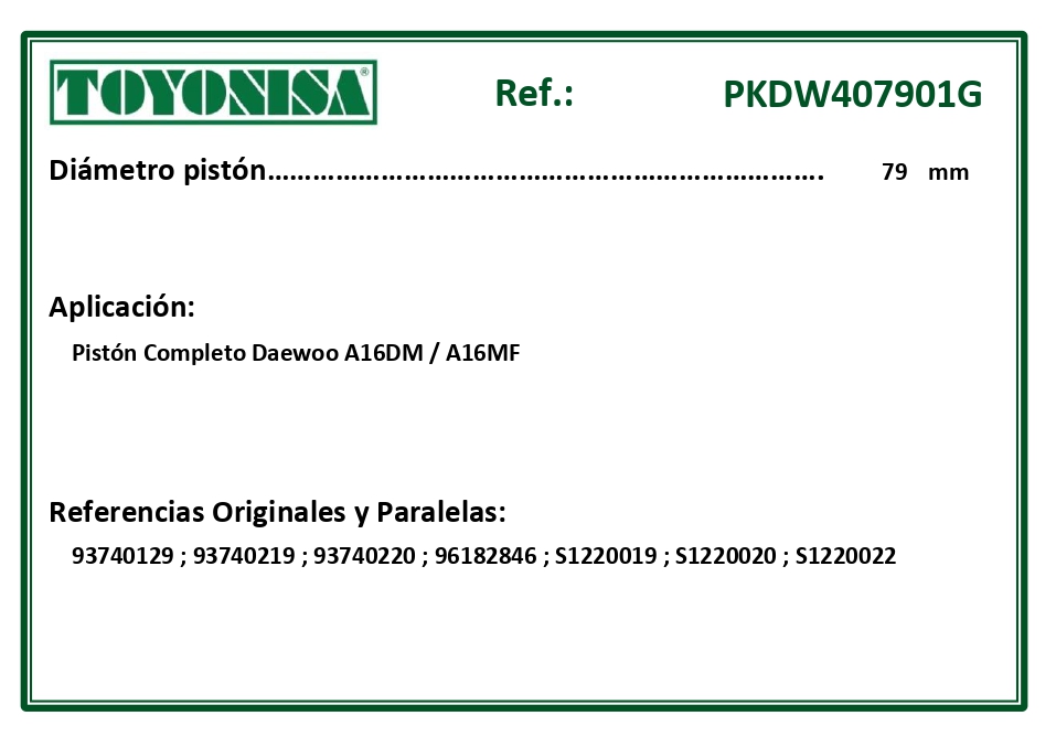 EQUIVALENCIAS ORIGINALES Y PARALELAS PISTONES
