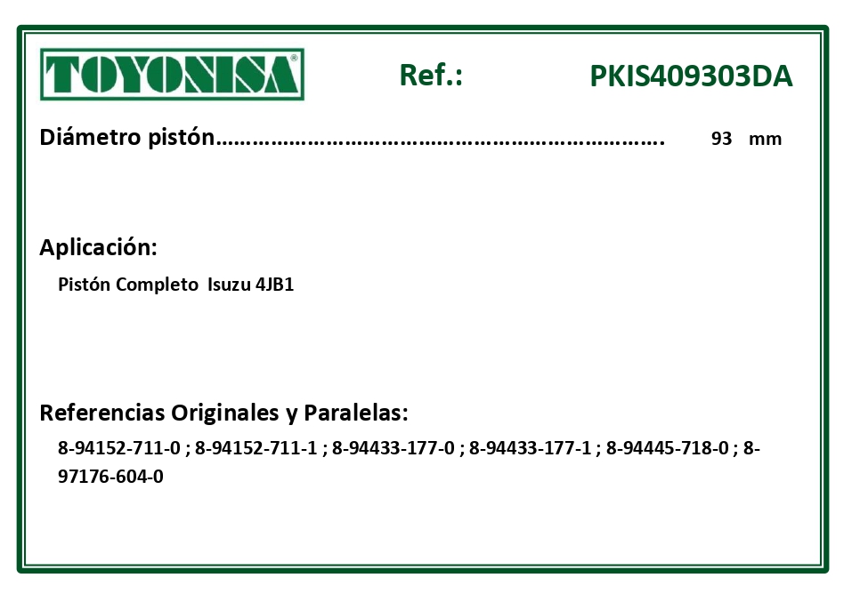 EQUIVALENCIAS ORIGINALES Y PARALELAS PISTONES