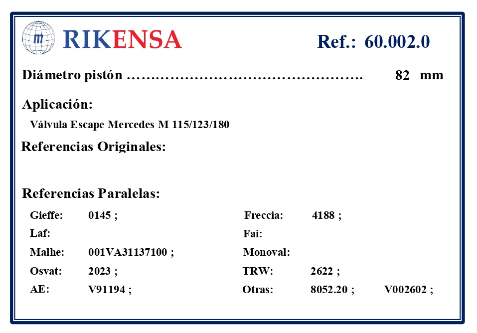 EQUIVALENCIAS ORIGINALES Y PARALELAS VALVULAS
