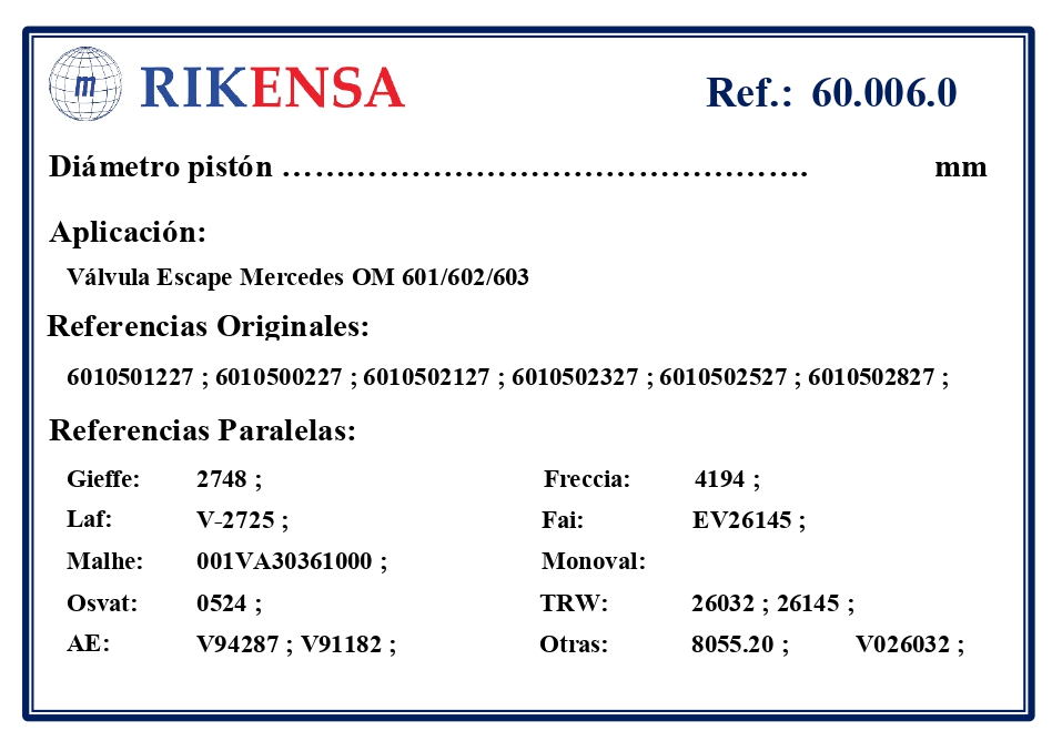 EQUIVALENCIAS ORIGINALES Y PARALELAS VALVULAS
