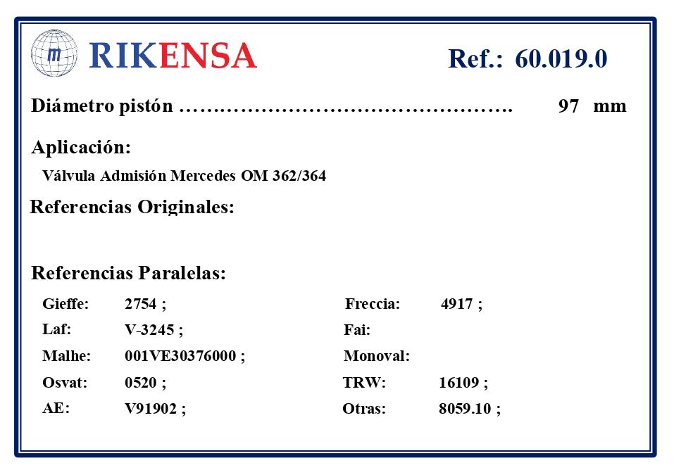 EQUIVALENCIAS ORIGINALES Y PARALELAS VALVULAS