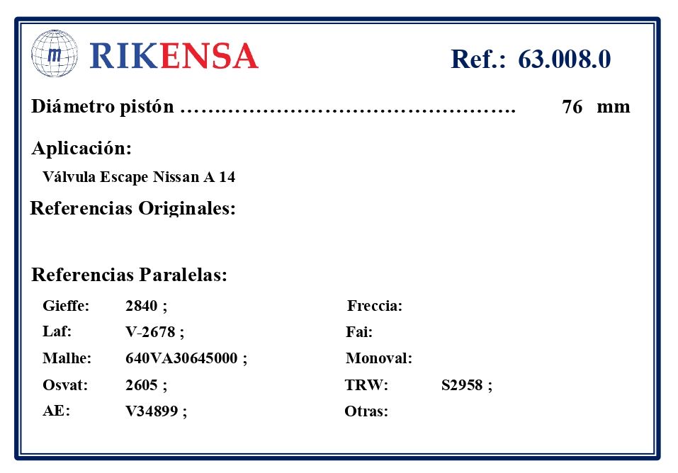 EQUIVALENCIAS ORIGINALES Y PARALELAS VALVULAS