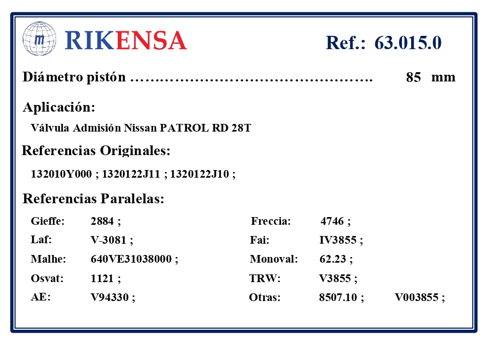 EQUIVALENCIAS ORIGINALES Y PARALELAS VALVULAS