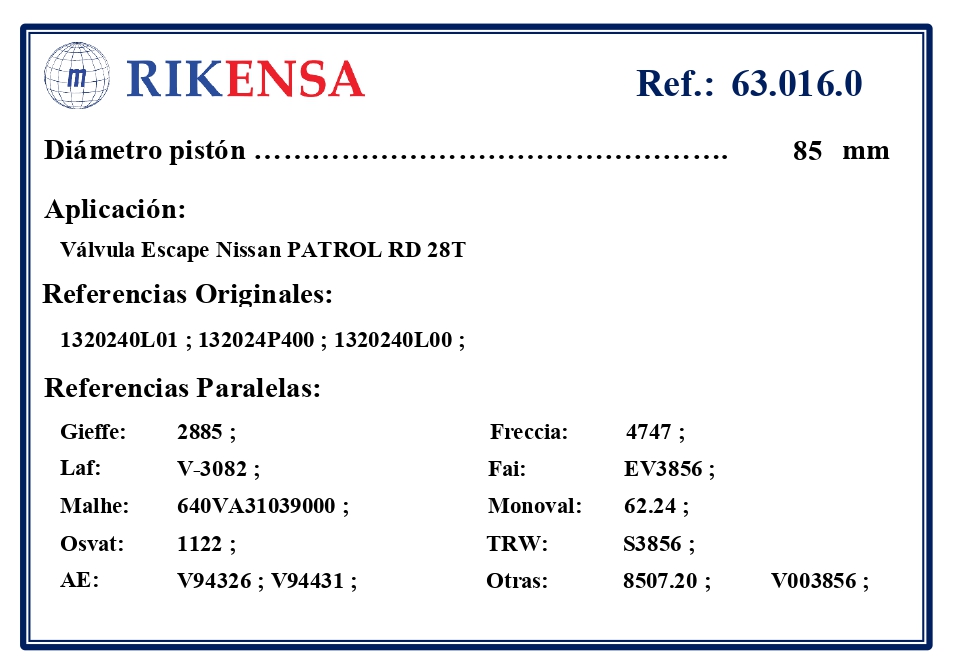 EQUIVALENCIAS ORIGINALES Y PARALELAS VALVULAS