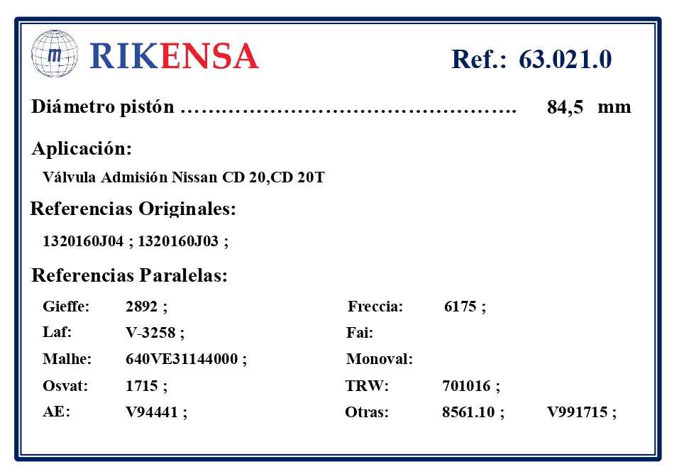 EQUIVALENCIAS ORIGINALES Y PARALELAS VALVULAS