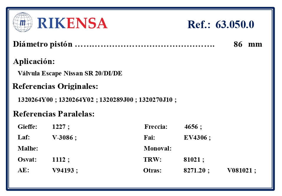 EQUIVALENCIAS ORIGINALES Y PARALELAS VALVULAS