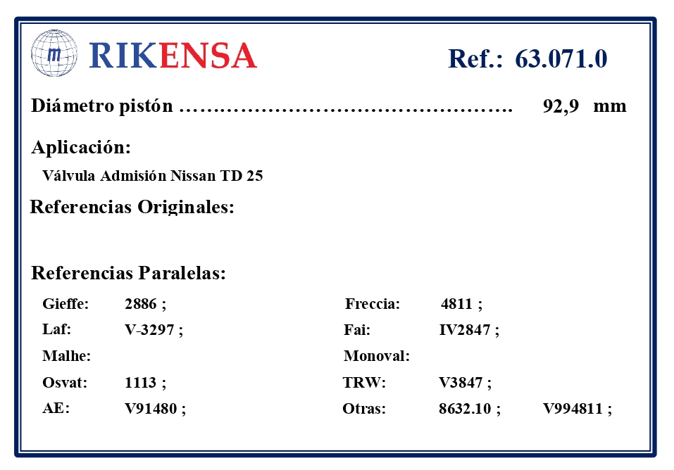 EQUIVALENCIAS ORIGINALES Y PARALELAS VALVULAS