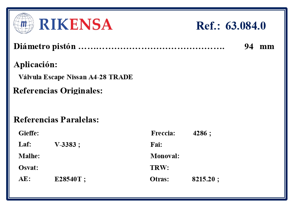 EQUIVALENCIAS ORIGINALES Y PARALELAS VALVULAS