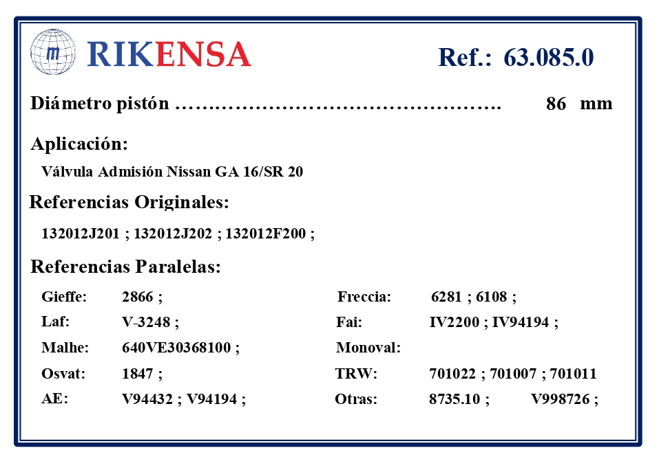 EQUIVALENCIAS ORIGINALES Y PARALELAS VALVULAS