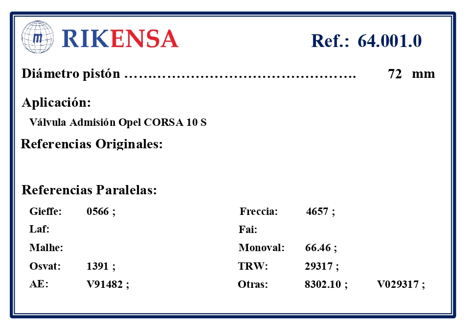 EQUIVALENCIAS ORIGINALES Y PARALELAS VALVULAS