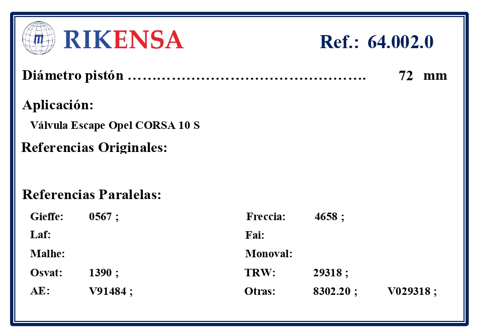 EQUIVALENCIAS ORIGINALES Y PARALELAS VALVULAS