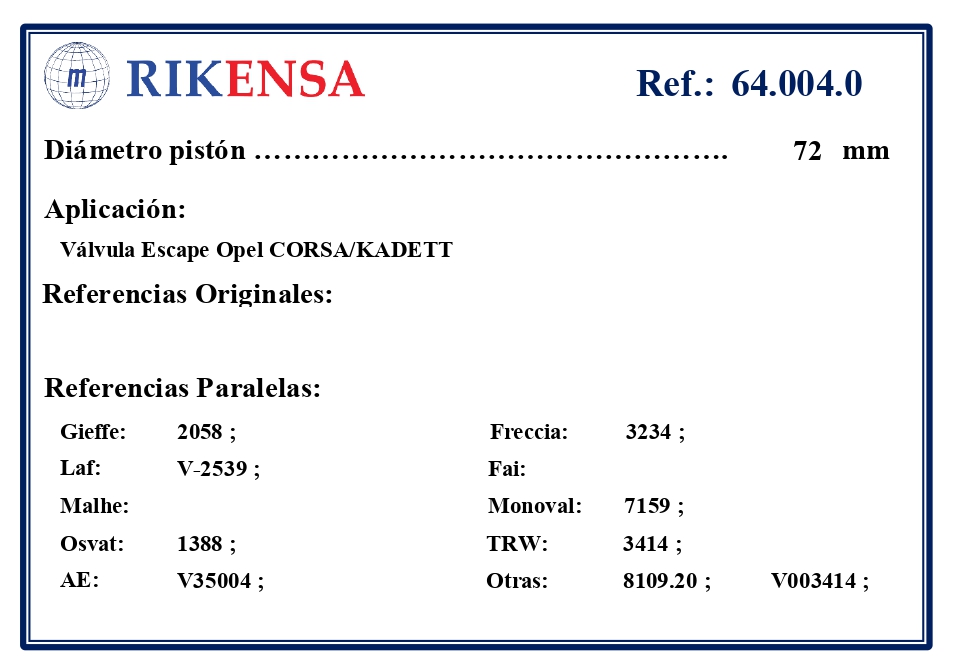 EQUIVALENCIAS ORIGINALES Y PARALELAS VALVULAS