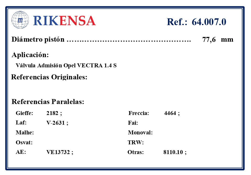 EQUIVALENCIAS ORIGINALES Y PARALELAS VALVULAS