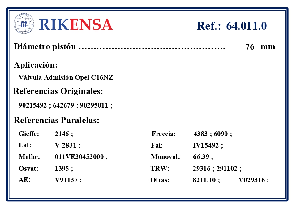 EQUIVALENCIAS ORIGINALES Y PARALELAS VALVULAS