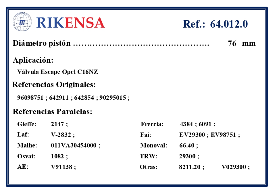 EQUIVALENCIAS ORIGINALES Y PARALELAS VALVULAS