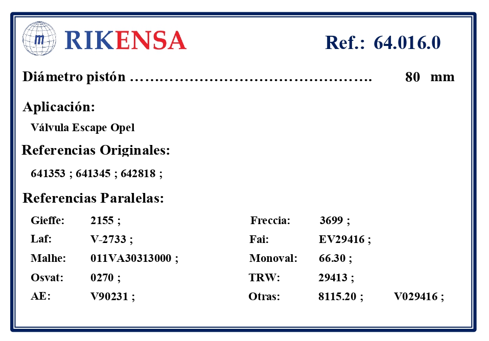 EQUIVALENCIAS ORIGINALES Y PARALELAS VALVULAS