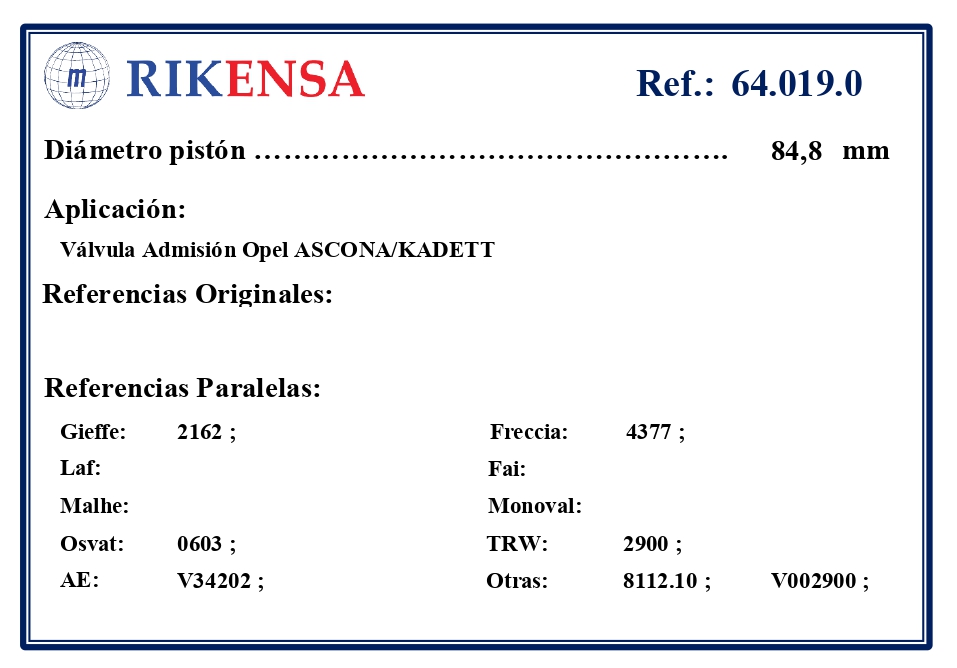 EQUIVALENCIAS ORIGINALES Y PARALELAS VALVULAS