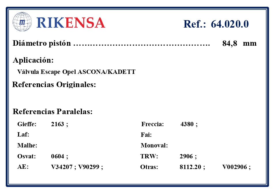 EQUIVALENCIAS ORIGINALES Y PARALELAS VALVULAS