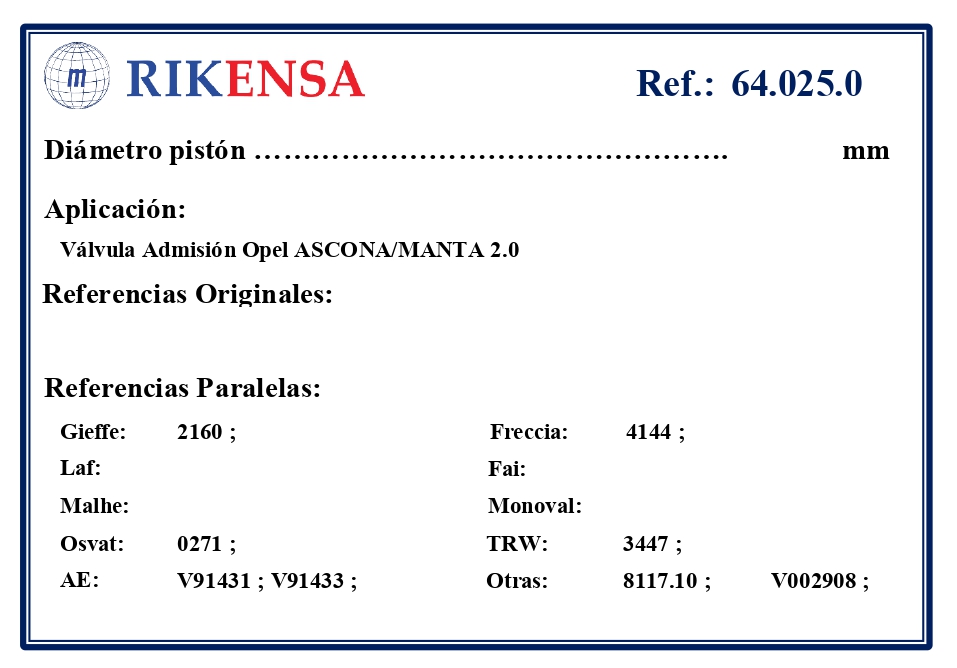 EQUIVALENCIAS ORIGINALES Y PARALELAS VALVULAS
