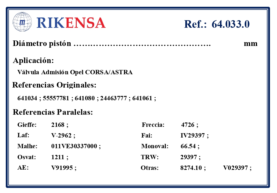 EQUIVALENCIAS ORIGINALES Y PARALELAS VALVULAS