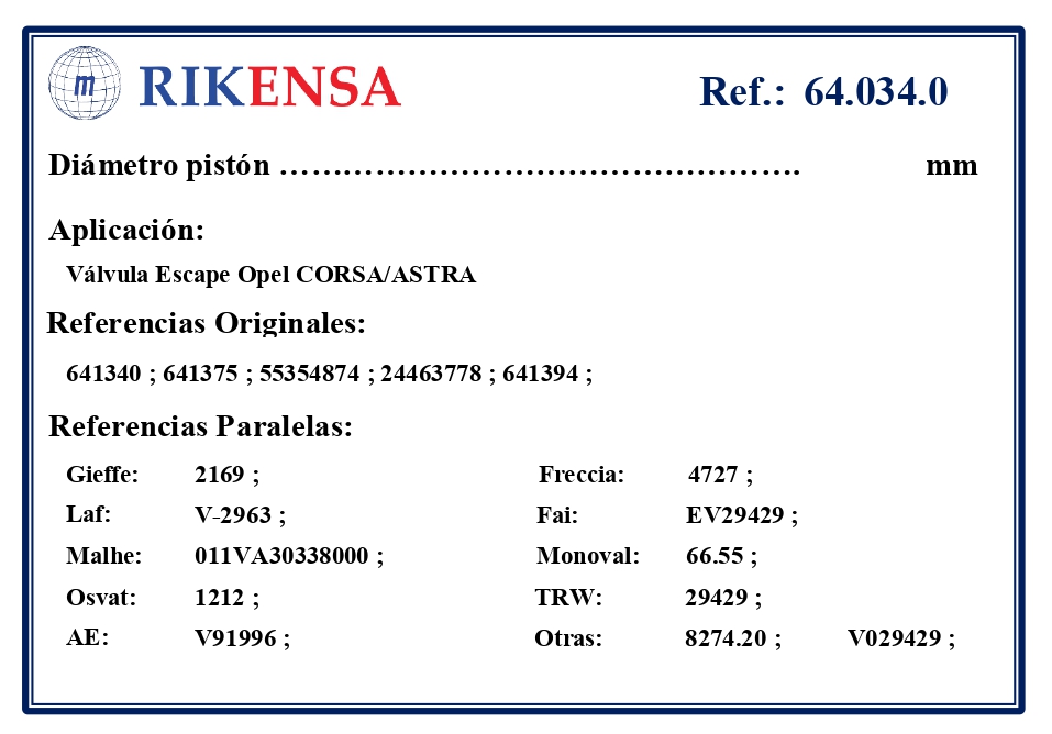 EQUIVALENCIAS ORIGINALES Y PARALELAS VALVULAS
