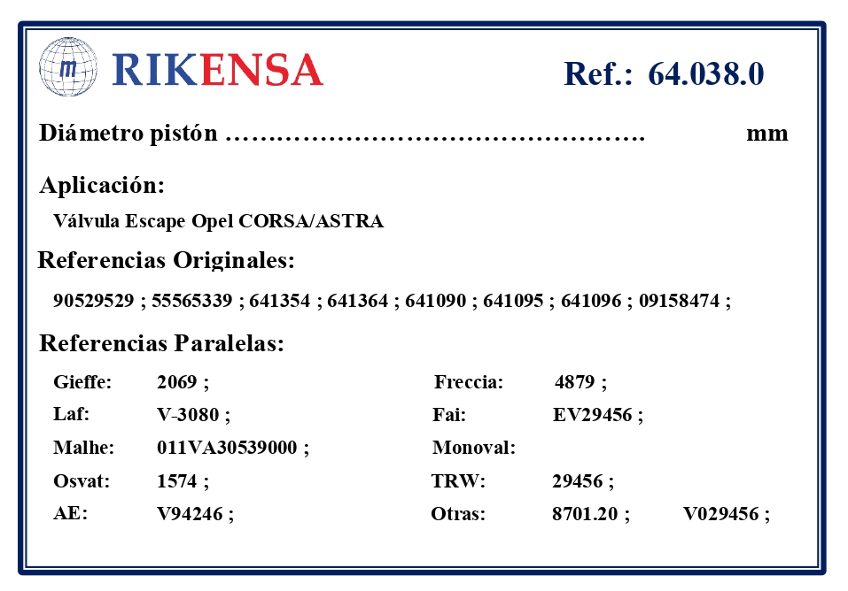 EQUIVALENCIAS ORIGINALES Y PARALELAS VALVULAS